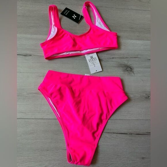 Halara Solid U Neck Top (S) & Crossover Bikini Bottom (M) Swimsuit Neon Pink nwt - Picture 7 of 7